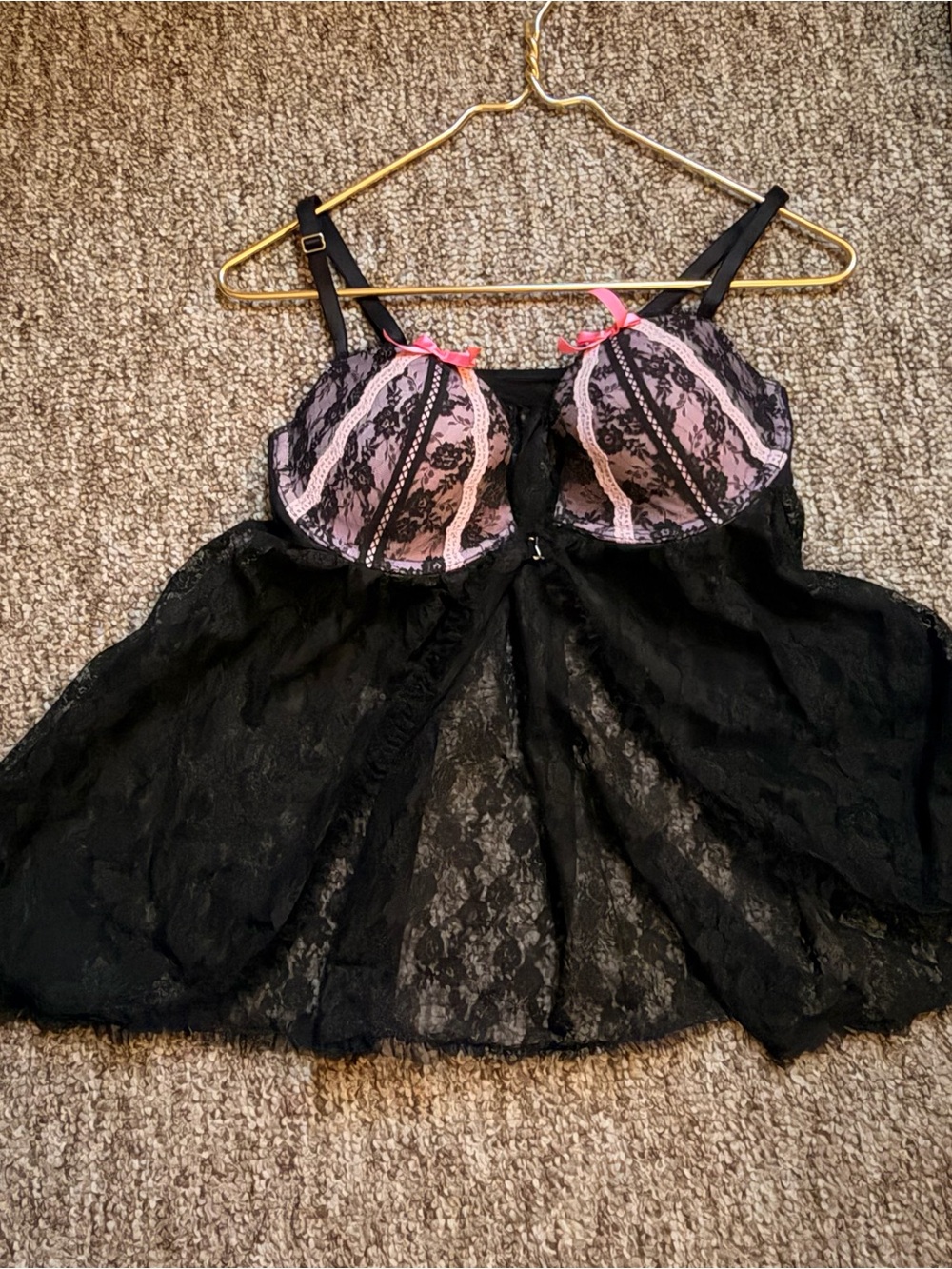 Victoria's Secret Black Lace Babydoll Chemise with Pink Cups